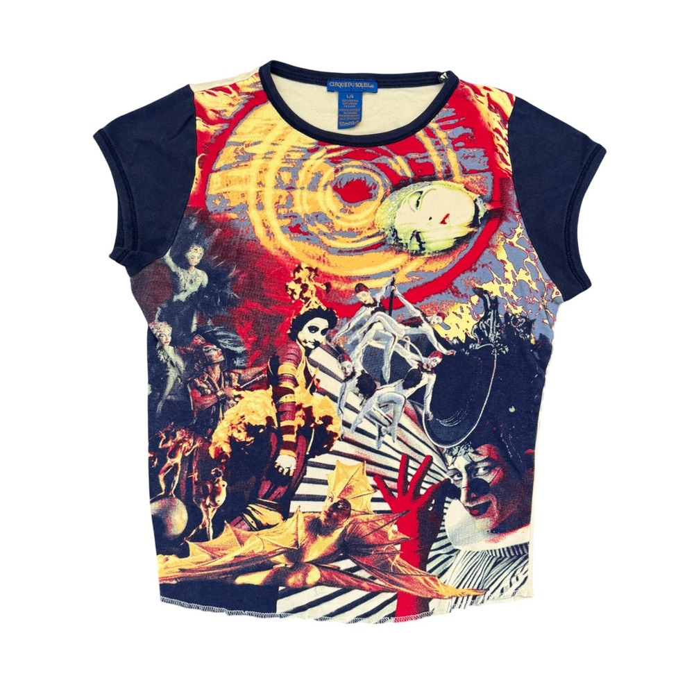 Cirque du Soleil Graphic Baby Tee Large Blue Red Invoke Provoke Evoke Canada